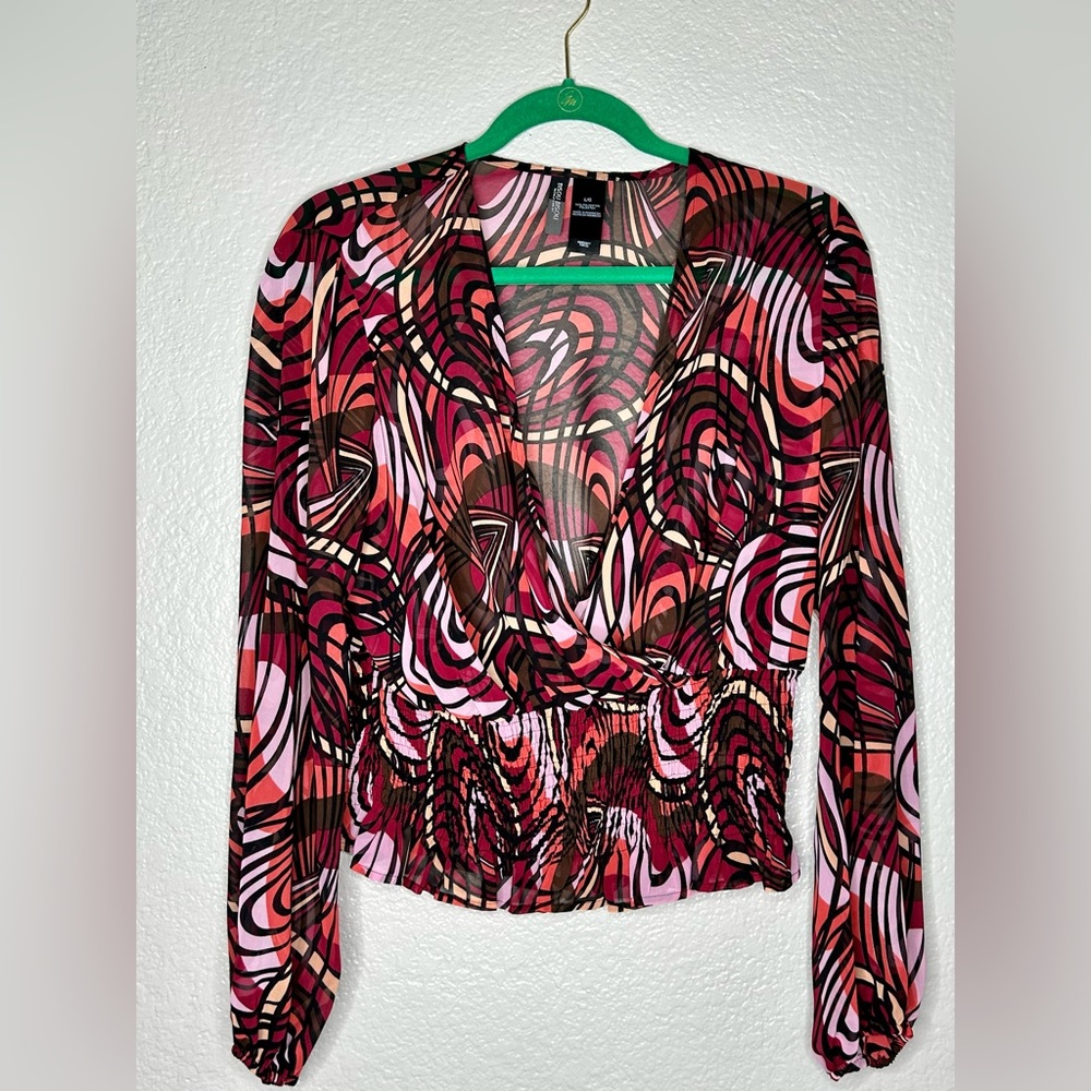 Bisou Bisou Swirl Print Semi Sheer Long Sleeve Top